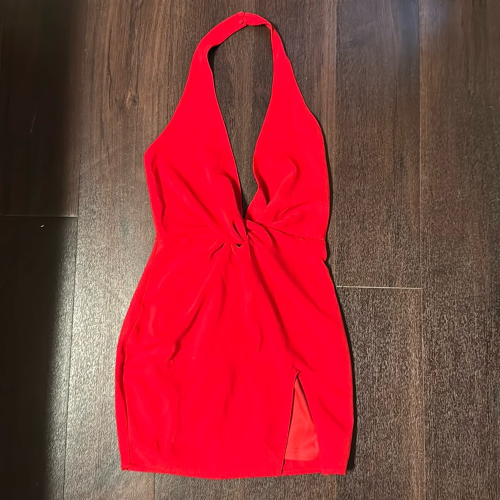 Superdown red halter top plunge v neck minidress with slit